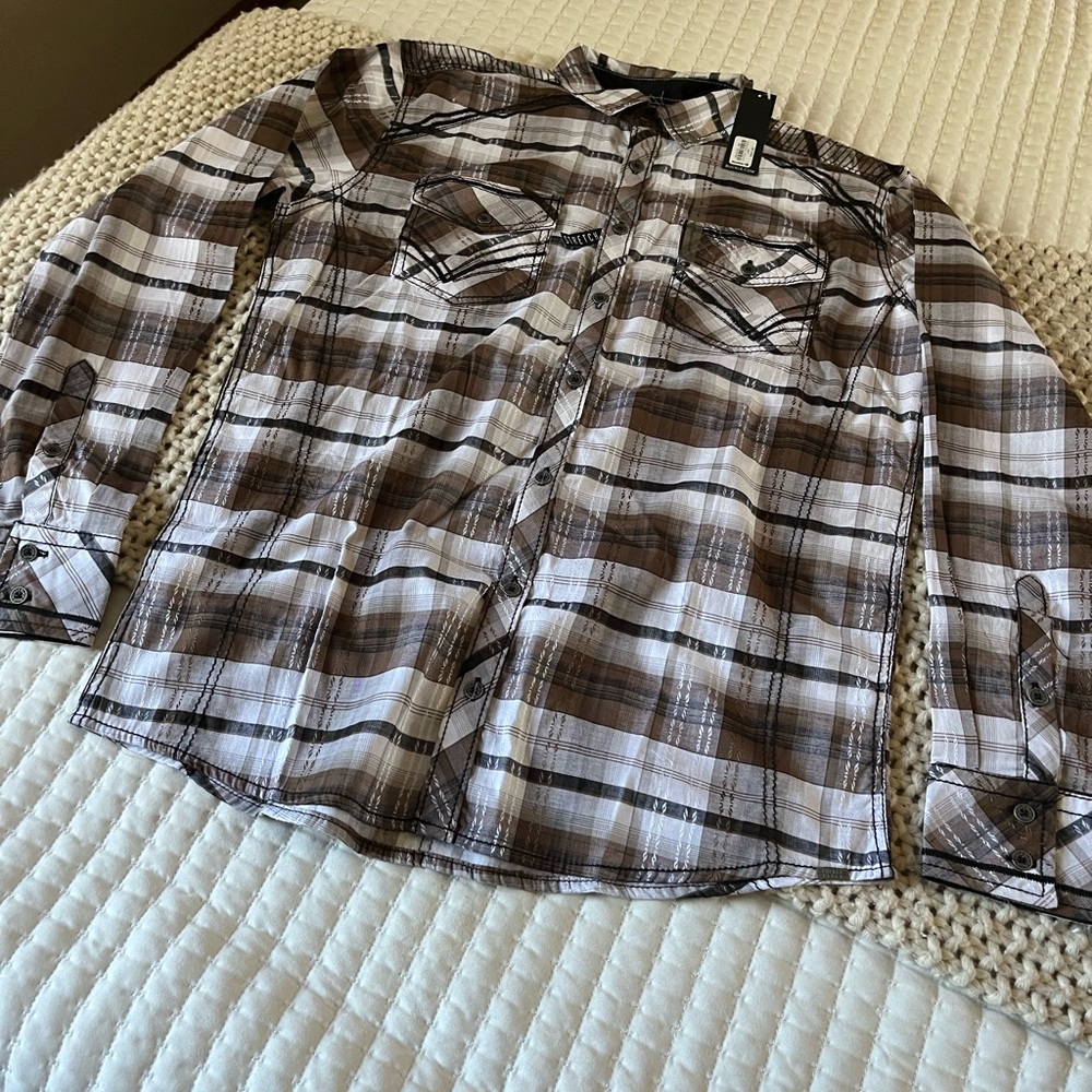 Buckle Black brand Brown and White Plaid Standard Fit Shirt